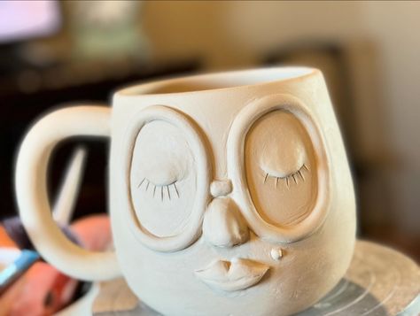 Quirky face mug collection in progress. Love these cuties 😂❤️ #pottery #ceramic #uglyface #clayart Mug With Face Ceramics, Mug Face Pottery, Funny Pottery Ideas, Face Mugs Ceramic, Mugs With Faces, Mug With Face, Face Pottery, Cow Face, Clay Faces