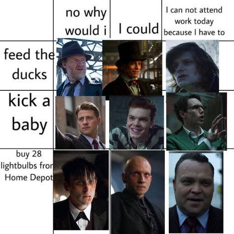 Jerome Valeska Funny, Jim Gordon X Oswald Cobblepot, Jim Gordon X Harvey Bullock, Fish Mooney Gotham, Gotham Jonathan Crane, Nygma X Cobblepot, Gotham Zsasz, Butch Gotham, Edward Nygma And Oswald Cobblepot