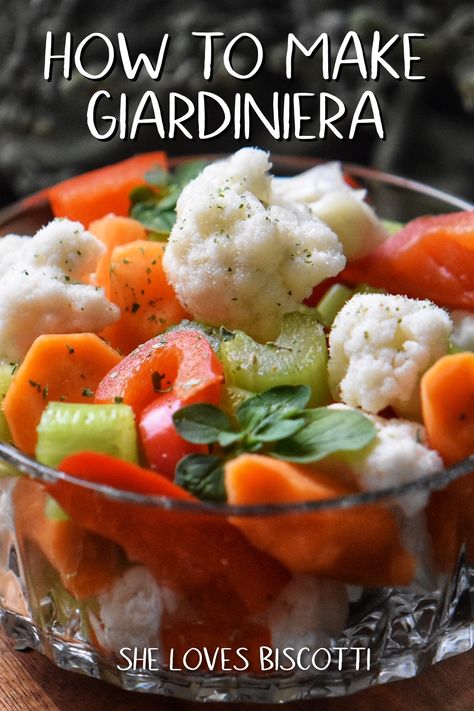 This Giardiniera recipe is a pickled vegetable salad that can be used as an antipasto or a side dish. It's easy and simple to make with this quick recipe, which includes step-by-step instructions on making your very own marinated veggie medley! Pickled Jardiniere, Gardenia Pickles, Pickled Vegetable Salad, Italian Giardiniera Recipe, Canned Giardiniera Recipe, Pickled Gardenia Canning Recipes, Pickled Vegetables Giardiniera, Gardenia Recipe, Canning Giardiniera Recipe