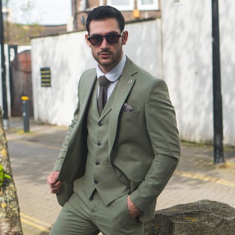 Step into summer weddings in style with this Sage 3 Piece Cotton & Linen Suit. 🌿✨ #formalwear #businessattire #menstyle #menswear #summesuit #summerwedding Linen Green Suit Men, Sage Linen Suit, Spring Linen Double-breasted Suit, Single-breasted Linen Wedding Suits, Tailored Double-breasted Linen Suit, Linen Suit, Summer Weddings, Business Attire, Formal Wear