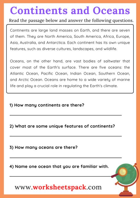 Continents and Oceans Reading Comprehension Passage - worksheetspack Grade 4 Reading Comprehension Worksheets, Grade 4 Reading Comprehension, Grade 4 Reading, Ocean Reading, English Reading Skills, Advance English, Passage Writing, English Conversation Learning, Geography Worksheets