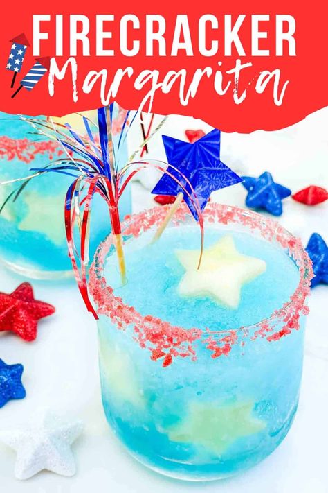 This Frozen Firecracker Margarita is a perfect summer cocktail for 4th of July and Memorial Day! Made in patriotic American colors of red, white, and blue with tequila. 4 Th If July Food, Fun Fourth Of July Drinks, 4th Of July Tequila Cocktails, 4 Of July Drinks Alcohol, 4th Of July Food Drinks, July 4th Margarita, 4th Of July Beverages Alcoholic, 4 Of July Cocktails, Red White Blue Margarita