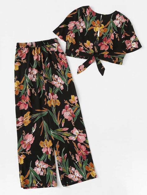 Floral Print Knot Top With Wide Leg Pants | SHEIN USA Blouse With Pants, Crop Top Pants Set, Floral Two Piece, Top Pants Set, Floral Print Blouses, Print Blouse, Sleeves Pattern, Two Piece Outfit, Top Casual