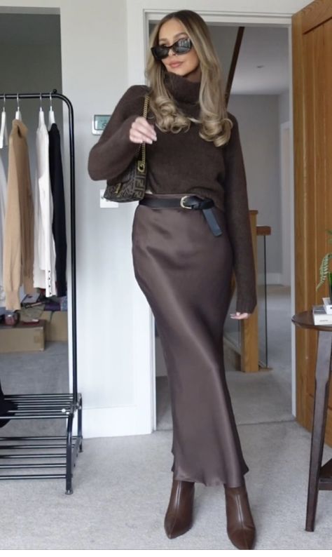 Silk Skirt Business Outfit, Long Skirt Winter Outfit Classy, Olive Silk Skirt Outfit, Winter Special Occasion Outfit, Chocolate Silk Skirt Outfit, Chocolate Leather Skirt Outfit, Chocolate Satin Skirt Outfit, Brown Satin Maxi Skirt Outfit, Professional Maxi Skirt Outfit