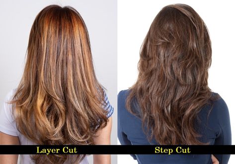 Step Cut Vs. Layer Cut: What's The Difference? – HairstyleCamp Step Layers Haircut, Step Plus Layer Haircut, Long Layered Hair Vs Short Layers, U Shaped Vs V Shaped Hair, V Vs U Haircut, Long Layer Vs Short Layers, Step Layer Haircut For Long Hair, V Cut Vs U Cut Hair, U Vs V Haircut