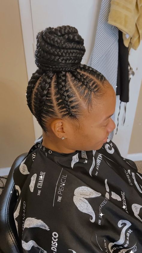 Medium Feed In Braids Ponytail Bun, Feed In Top Knot Bun, Large Braided Bun, Feed In Into A Bun, Feedin Bun Braids, Feed In Braids Into Bun, Feed In Bun, Feed In Braids Into Low Bun, Taylor Hairstyles