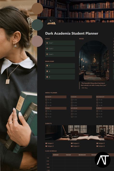 free notion templates Modern Academia Aesthetic, Dark Academia Notion Template, Dark Academia Notion, Academia Notion, Modern Academia, Student Planner Organization, Aesthetic Notion Template, Simple Daily Planner, Student Dashboard