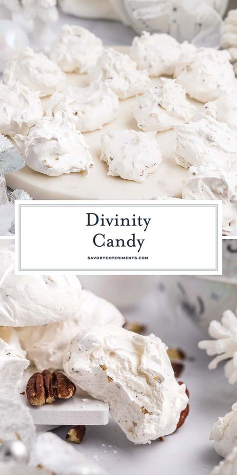 This Old Fashioned Divinity Candy recipe adds in some vanilla and nuts (if you want!) for a snack that’s bound to knock your socks off! Recipe For Divinity Candy, Old Fashioned Treats, Microwave Divinity Candy Recipe, Divinity Cookies Recipe, Cinnamon Candy Recipe, Betty Crocker Divinity Recipe, Divinity Fudge Recipe, Old Fashioned Potato Candy, Traditional Christmas Candy Recipes