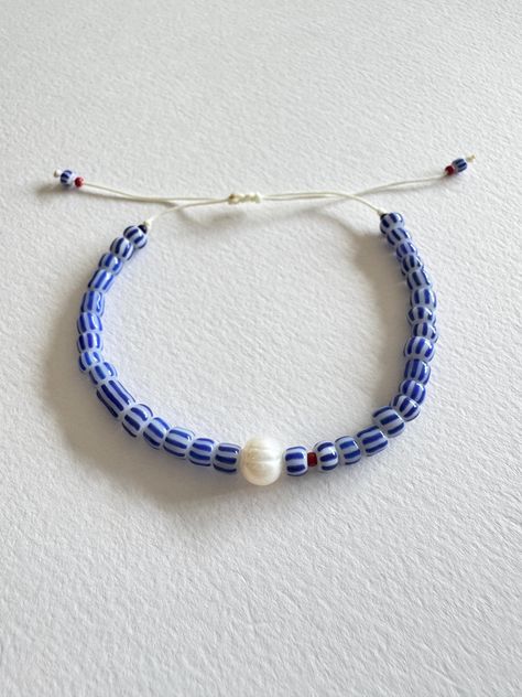 Adjustable Blue Striped Glass Bead Bracelet with Freshwater Pearl on Ivory Cord, Christmas Gift for Her, Stacking Bracelet Girly Bracelets, Glass Bead Bracelet, Understated Style, Christmas Gift For Her, Glass Beaded Bracelets, Bead Stringing, Jewelry Inspo, Christmas Gifts For Her, Diy Accessories