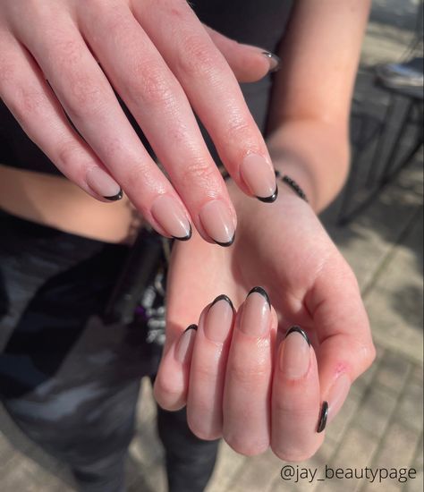 Short almond nails with think black French tip Dip Powder Black French Tip, Black Mini French Tip Nails, Black Micro French Tip Nails, Squoval Black Tip Nails, Short Oval Black French Tip Nails, V Shape French Tip Nails Short, Mini French Tip Nails, Biab French Tip, Banquet Nails