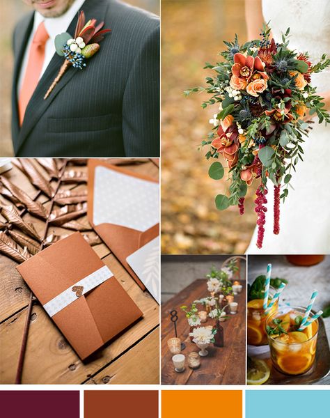 Rust Copper Wedding Colors for Autumn Vintage Wedding 2014 Copper Wedding Colors, Wedding Colors Fall, Vintage Wedding Colors, Teal Wedding Colors, Deco Orange, Wedding Color Scheme, Wedding Color Palettes, Fall Purple, Orange Wedding Flowers