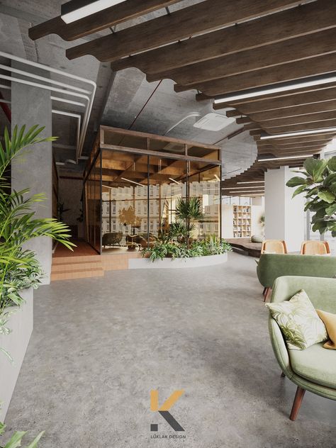 Communal Space Outdoor, Interior Gardens, Nature Office, Break Area, Indoor Landscape, Startup Office, Bank Design, Office Space Design, Biophilic Design