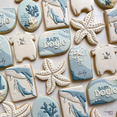 Beach Themed Cookies Decorated, Under The Sea Baby Shower Cookies, Beach Cookies Decorated, Ocean Cookies, Ocean Birthday Cakes, Hawaiian Cookies, Starfish Cookies, Holiday Deserts, Whale Cookies