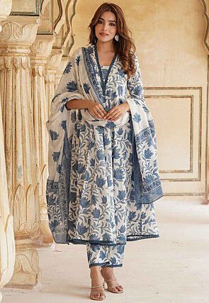 Casual Salwar Suits: Buy Latest Indian Designer Casual Salwar Kameez Online - Utsav Fashion Floral Anarkali, Design Kurta, Blue Anarkali, Kurta With Palazzo, Printed Anarkali, Kurta Patterns, Cotton Anarkali, Kurta Style, Kurta Design