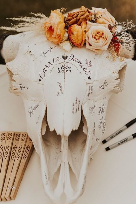 Boho Wedding Guest Book, Ranch Style Weddings, Western Wedding Decorations, Edgy Bridal, Southwestern Wedding, Bison Skull, Tucson Wedding, Western Style Wedding, Western Themed Wedding