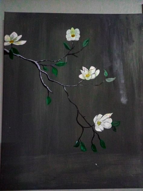 Gray Painting Ideas Canvas, Grey Background Painting Ideas, Dark Flower Painting Easy, Gray Paintings Canvas, Gray Painting Ideas, Simple Paintings Flowers, Flower Painting Black Background, Grey Background Painting, Painting With Dark Background