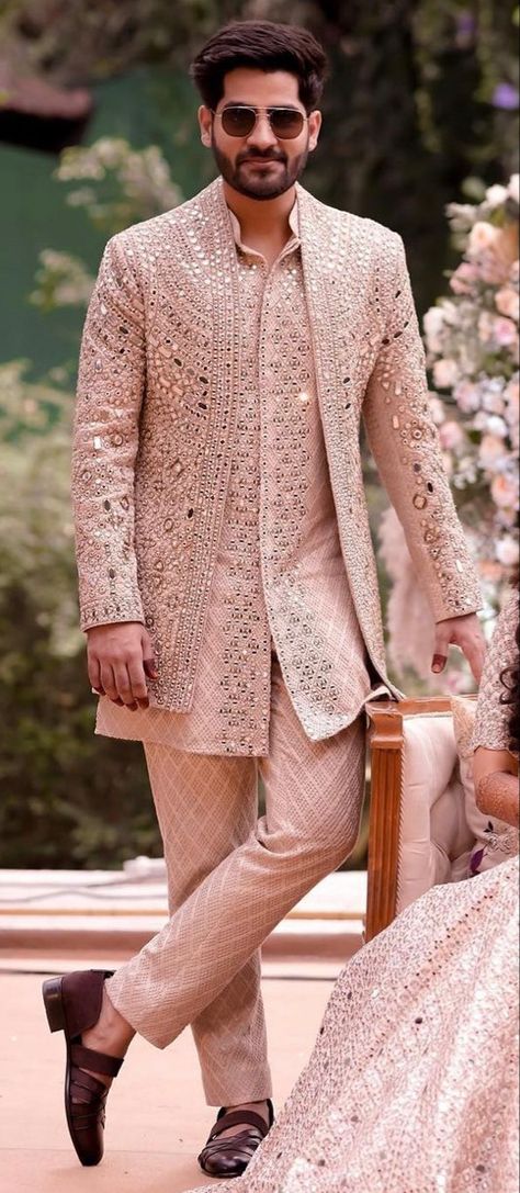 Engagement Look Men Indian, Reception Wear Men, Sangeet Sherwani For Groom, Haldi Men Outfit Groom, Tuxedo For Sangeet, Shimmer Kurta For Men, Sagai Outfit For Men, Reception Outfits For Groom, Men Sherwani Designs Style