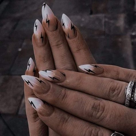 Nails Edges Painted, Simple Chic Nails Classy Almond, Edgy Simple Nails, Dark Edgy Nail Designs, Classy Sheek Nails, Cuticle Tattoos For Women, Edgy Nails Grunge Street Styles, Two Different Nails On Each Hand, Crazy Almond Nails