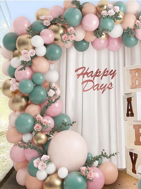 Balloons And Flowers, Jungle Safari Baby Shower, Green Baby Shower, Deco Rose, Garland Arch, Green Balloon, Peach Blush, White Balloons, Arch Kit