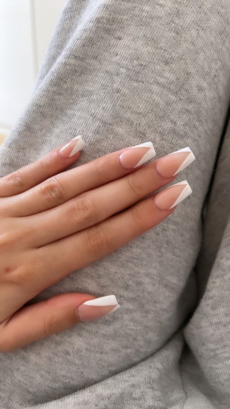 Pink V Tip Nails Short, Diaganol French Tip Nails, Pointed French Tip Nails White, V Shaped Nail Design French Tips, V French Tip Nails Short, White V Nails, V Shaped Nails, French Tip Nails V Shape, French Tip Nails Triangle