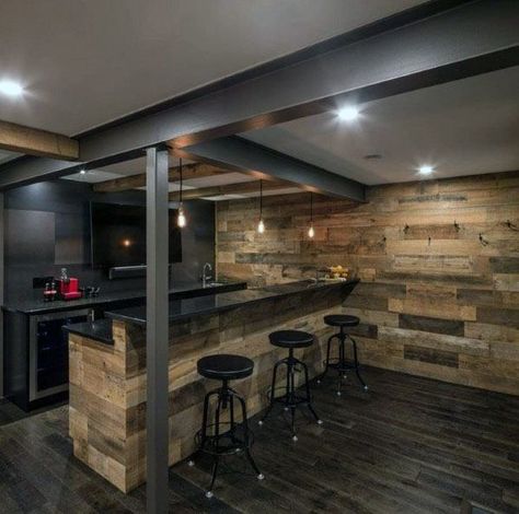 64 Creative Finished Basement Ideas to Elevate Your Home Basement Bar Ideas On A Budget, Rustic Basement Bar, Basement Bar Ideas, Rustic Basement, Stone Wall Design, Modern Basement, Basement Bar Designs, Industrial Aesthetic, Rustic Flooring