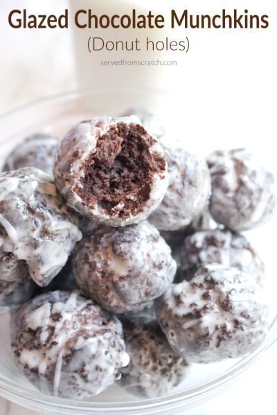 Glazed Chocolate Munchkins (Donut Holes) - Served From Scratch Chocolate Munchkins, Chocolate Doughnuts, Doughnut Holes, Bakers Chocolate, Nutella Brownies, Slow Cooker Desserts, Donut Holes, Chocolate Donuts, Chocolate Glaze