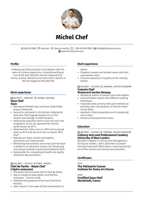 Increase your chances of scoring a job and learn to perfect your next resume with this highly instructive Sous Chef resume example. Basic Cv Template, Chef Resume, Functional Resume Template, Chef Jobs, Resume References, Sample Resume Templates, Job Resume Template, Teacher Resume Template, Kitchen Clean