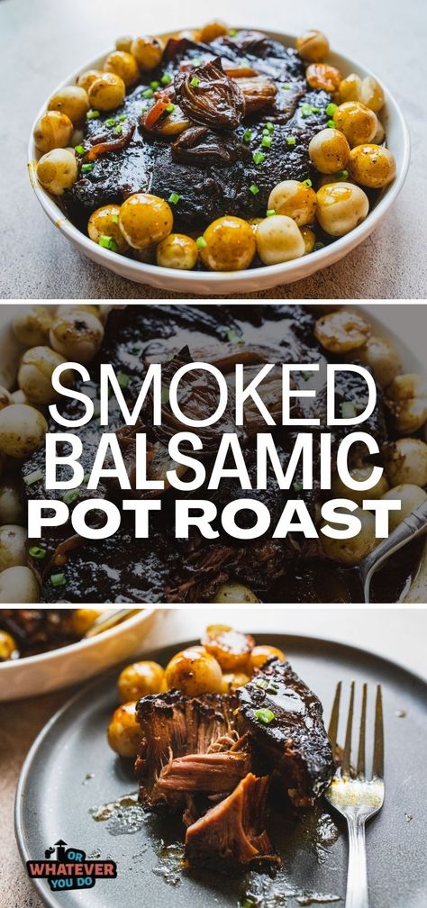 Traeger Smoked Balsamic Pot Roast Smoked Pot Roast Traeger, Traeger Ideas, Smoked Pot Roast, Trager Grill, Traeger Smoker Recipes, Smoked Baked Potatoes, Balsamic Pot Roast, Smoker Grill Recipes, Blade Roast