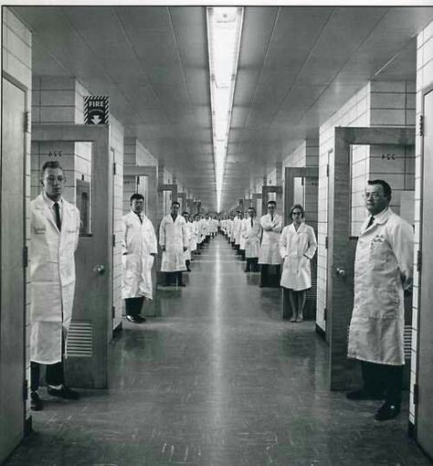 Similarly styled corporate group photos from the 1950s and 60s, emphasizing the long, windowless hallway of the office building Elliott Erwitt Photography, Bell Labs, Images Terrifiantes, Vibe Board, Mental Asylum, Elliott Erwitt, Abandoned Asylums, Insane Asylum, Creepy Pictures