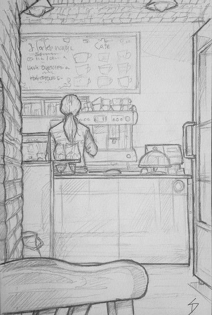 Cafe Perspective Drawing, Cafe Sketch Drawing, Cafe Shop Drawing, Cake Sketch Drawings, Nid Sketches, Sketch Coffee Shop, Drawing Of Cake, Café Drawing, Coffee Sketch Drawing