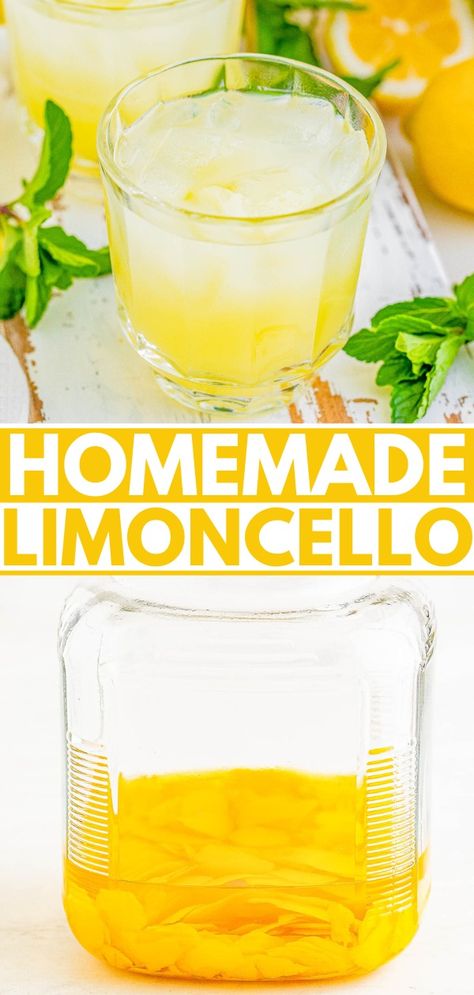 Homemade Limoncello - Averie Cooks Lemoncello Recipes Drinks, Lemoncello Recipes, Lemon Recipes Easy, Limoncello Cocktails, Beverage Cart, Limoncello Recipe, Homemade Limoncello, Fun Drinks Alcohol, Averie Cooks