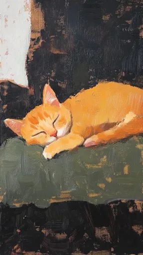 ↑↑↑ Larger size on website 🔸 The painting depicts a sleeping orange tabby cat curled up on a green cushion. The background is a d Dark Setting, Orange Painting, Orange Tabby Cats, Green Cushions, Orange Tabby, Cat Sleeping, Orange Cat, Tabby Cat, Sleep