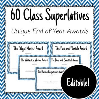 60 Editable Class Superlatives Use this as an end of year award for your students! The students love leaving with a memory of what impression they made on you! Class Superlatives, End Of Year Awards, Motivational Activities, Adjective Worksheet, Behavior Plans, Teaching Resources Primary, Math Challenge, Writing Classes, 5th Grade Math