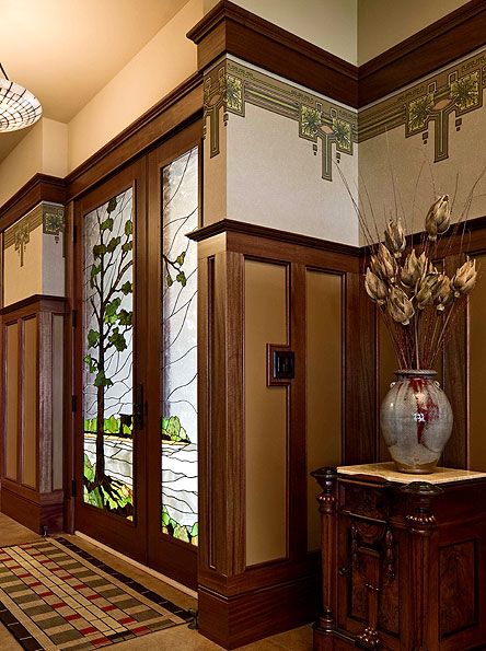 Check out the Arts & Crafts wallpaper trims!  Bradbury & Bradbury wallpaper. Craftsman Interiors, Arts And Crafts Wallpaper, Arts And Crafts Interiors, Craftsman Interior, Arts And Crafts Furniture, American Craftsman, Arts And Crafts House, Craftsman Style Home, Craftsman Style Homes