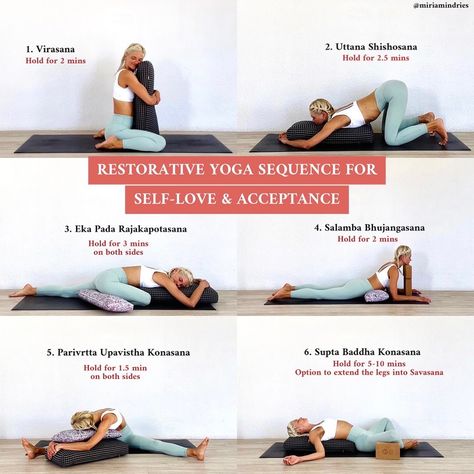 Restorative yoga sequence for self-love & acceptance Acceptance Worksheets, Restorative Yin Yoga, Buti Yoga, Restorative Yoga Sequence, Yoga Flow Sequence, Yin Yoga Sequence, Yin Yoga Poses, Class Inspiration, Yoga Information