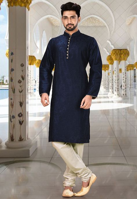 Navy Blue Kurta For Men, Blood Sorcerer, Mens Dresses, Navy Blue Kurta, Diwali Fashion, Long Choli Lehenga, Giga Chad, Angrakha Style, Blue Kurta