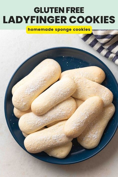 Gluten Free Ladyfingers (homemade sponge cookies) Pinterest marketing image Gluten Free Lady Fingers, Dairy Free Tiramisu, Gluten Free Tiramisu, Best Baked Goods, Paleo Low Fodmap, Best Gluten Free Cookies, Lady Finger Cookies, Dairy Free Recipes Dinner, Gf Cookies