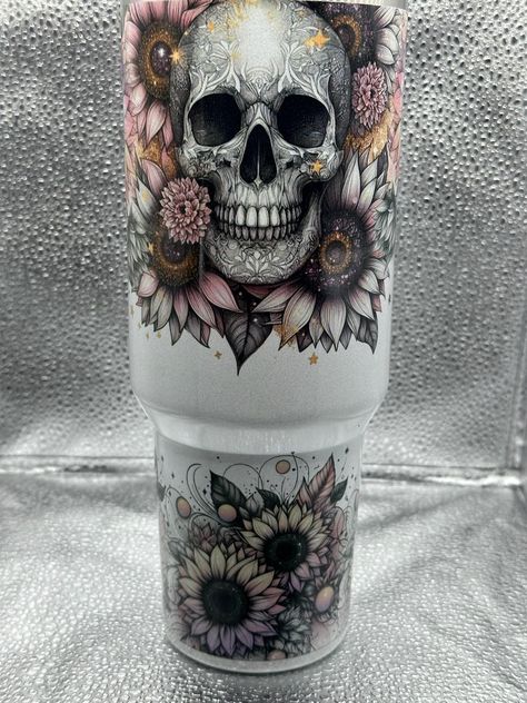 40oz white glitter floral skull tumbler Skull Tumbler, Floral Skull, 40oz Tumbler, Water Glasses, White Glitter, Tumbler, Ships, Glitter, Water