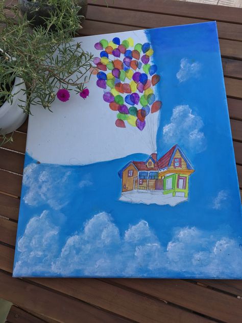 Acrylic painting of the disney movie “Up” loving it Up Acrylic Painting Disney, Up Painting Disney, Up Movie Painting, Up House Painting, Movie Paintings Ideas, Up Disney Pixar, Movie Paintings, Movie Canvas Painting, Disney Up House