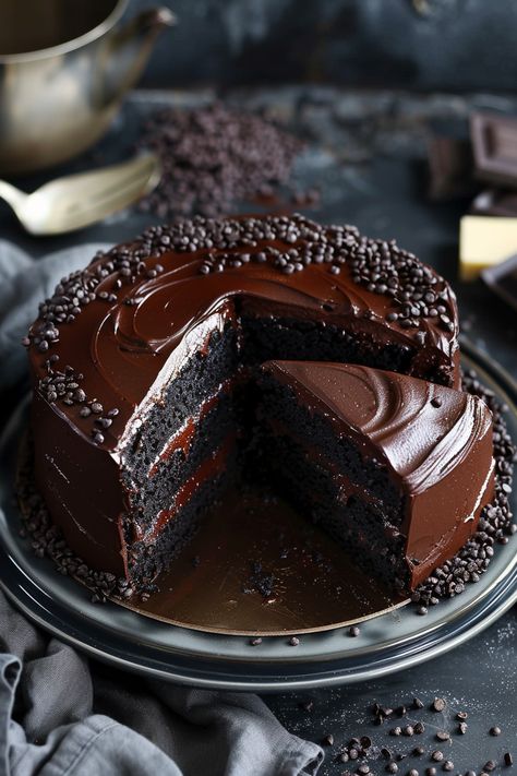 Decadent Black Velvet Cake with Chocolate Ganache 🍫 🍫  This Black Velvet Cake is a showstopper with its striking black color and rich chocolate flavor. The creamy chocolate ganache frosting adds an extra layer of indulgence.   Ingredients⤵️   🍫  For the Cake: 2 ¼ cups all-purpose flour 1 ½ cups granulated sugar ½ cup Dutch-process cocoa powder 🍫  ¼ cup black cocoa powder 1 ½ teaspoons baking powder 1 teaspoon baking soda 1 teaspoon salt 1 cup buttermilk, room temperature ½ cup vegetable oil Chocolate Moist Cake, Black Velvet Cakes, Super Moist Chocolate Cake, Fudgy Cake, Moist Cake Recipe, Boston Market, Chocolate Cake Recipe Moist, Amazing Chocolate Cake Recipe, Homemade Chocolate Cake