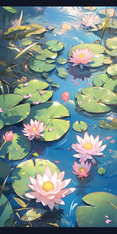 Illustration of pink lilies and lily pads in water Flowers In Water Aesthetic, Garden Header, Pixel Poster, Pink And Green Wallpaper, Pink Lilies, Lotus Art, Water Art, A Pond, The Pond