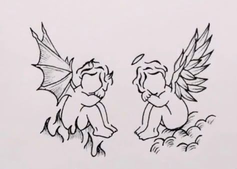 Angel Cartoon Tattoo, Demon Cherub Tattoo, Angel And Devil Cherub Tattoo, Lil Angel Tattoo, Angel And Devil Tattoo On Shoulder, Angel And Demon Tattoo Men, Engel Tattoo Design, Cloud Shoulder Tattoo, Devil On Shoulder Tattoo