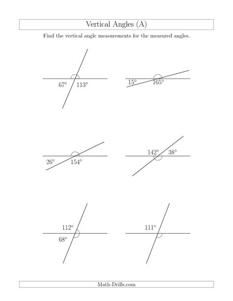 The Vertical Angle Relationships (A) math worksheet from the Geometry Worksheets page at Math-Drills.com. Measuring Angles Worksheet, Geometry Angles, Supplementary Angles, Angle Relationships, Geometry Formulas, Angles Worksheet, Relationship Worksheets, Geometry Lessons, Teaching Geometry