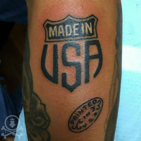 Rad "Made In USA' tattoo by Jose Bolorin.  #12ozstudios #team12oz #tattoos…                                                                                                                                                                                 More Merica Tattoos For Men, Simple Patriotic Tattoos, 1776 Tattoos For Men, Made In America Tattoo, Made In Usa Tattoo, America Tattoo Ideas, Made In The Usa Tattoo, Hunters Tattoo, United States Tattoo