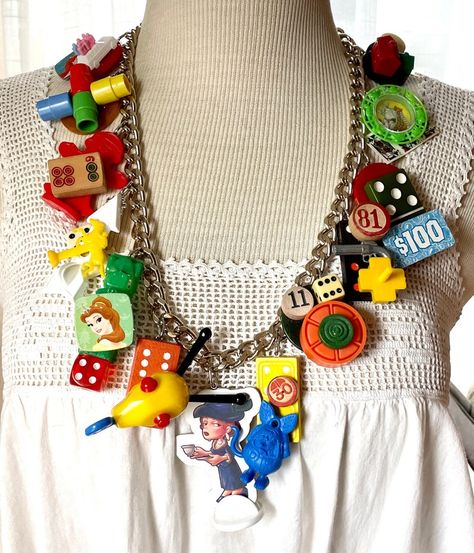 D Name, Kindergarten Teacher Gift, Recycled Accessories, Kindergarten Teacher Gifts, Repurposed Necklace, Trivial Pursuit, Weird Jewelry, Assemblage Necklace, Clay Crafts Air Dry