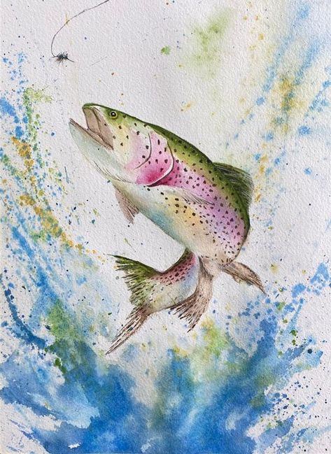 Rainbow Trout Painting, Trout Painting, Trout Art, Fly Fishing Art, Fish Artwork, Watercolor Fish, Watercolor Paintings For Beginners, Diy Watercolor Painting, Watercolor Projects