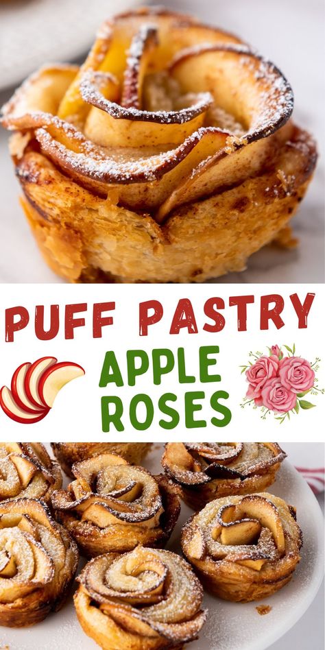 Puff Pastry Apple Roses, Apple Roses Puff Pastry, Puff Pastry Apple, Tasty Pastry, Apple Puff Pastry, Puff Pastry Desserts, Pumpkin Loaf, Rose Recipes, Apple Roses