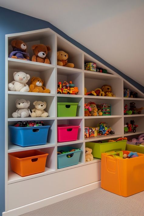 Under The Stairs Playroom Ideas, Playroom For Grandkids, Children Playroom Ideas, Kids Play Area In Basement, Small Games Room Ideas, Playroom Wall Storage, Basement Kids Playroom, Finished Basement Playroom, Small Kids Playroom Ideas