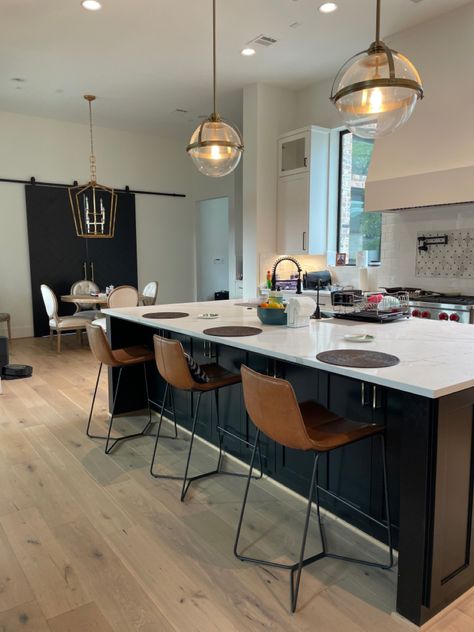 Bar Stools Kitchen Island Dark Wood Cabinets, Dark Brown Cabinets Light Wood Floors, Kitchen With Light Wood Floors, Light Wood Floors Dark Cabinets, Dark Hardwood Floors Kitchen, Light Kitchen Floor, Kitchen With Dark Brown Cabinets, Dark Modern Kitchen, Leather Bar Chairs