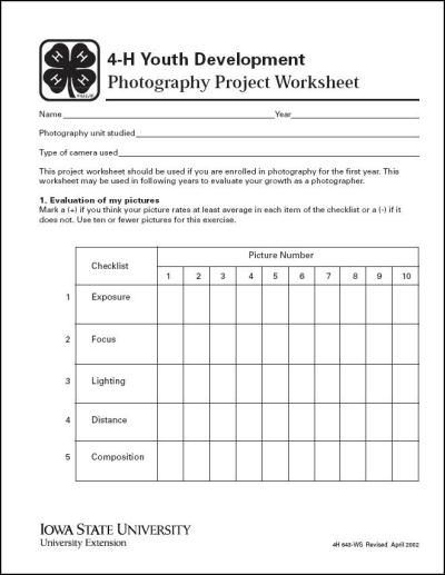 Photography Project Worksheet: 4-H Youth Development 4h Photography Project Ideas, 4h Photography Project, Project Worksheet, Midwest Landscape, 4 H Clover, 4h Ideas, Photoshop Skills, 4h Projects, Teaching Photography